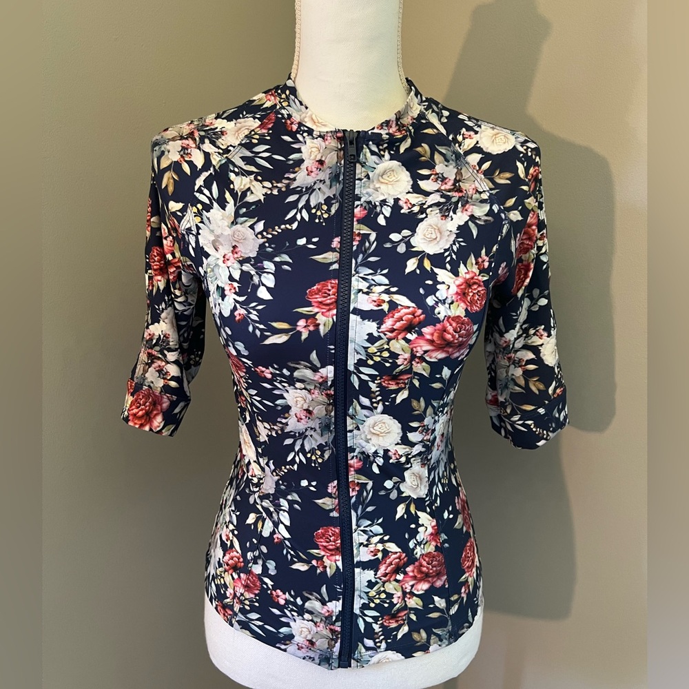 Floral Zip-Front Women's Swim Top - Navy/Pink